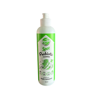 Probiotische vlekkenverwijderaar in een fles van 330 ml, geschikt voor verschillende soorten textiel en oppervlakken.